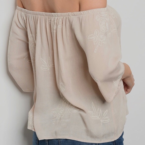 DELICATELY EMBROIDERED TAN OFF THE SHOULDER TOP- NEW - Picture 3 of 5